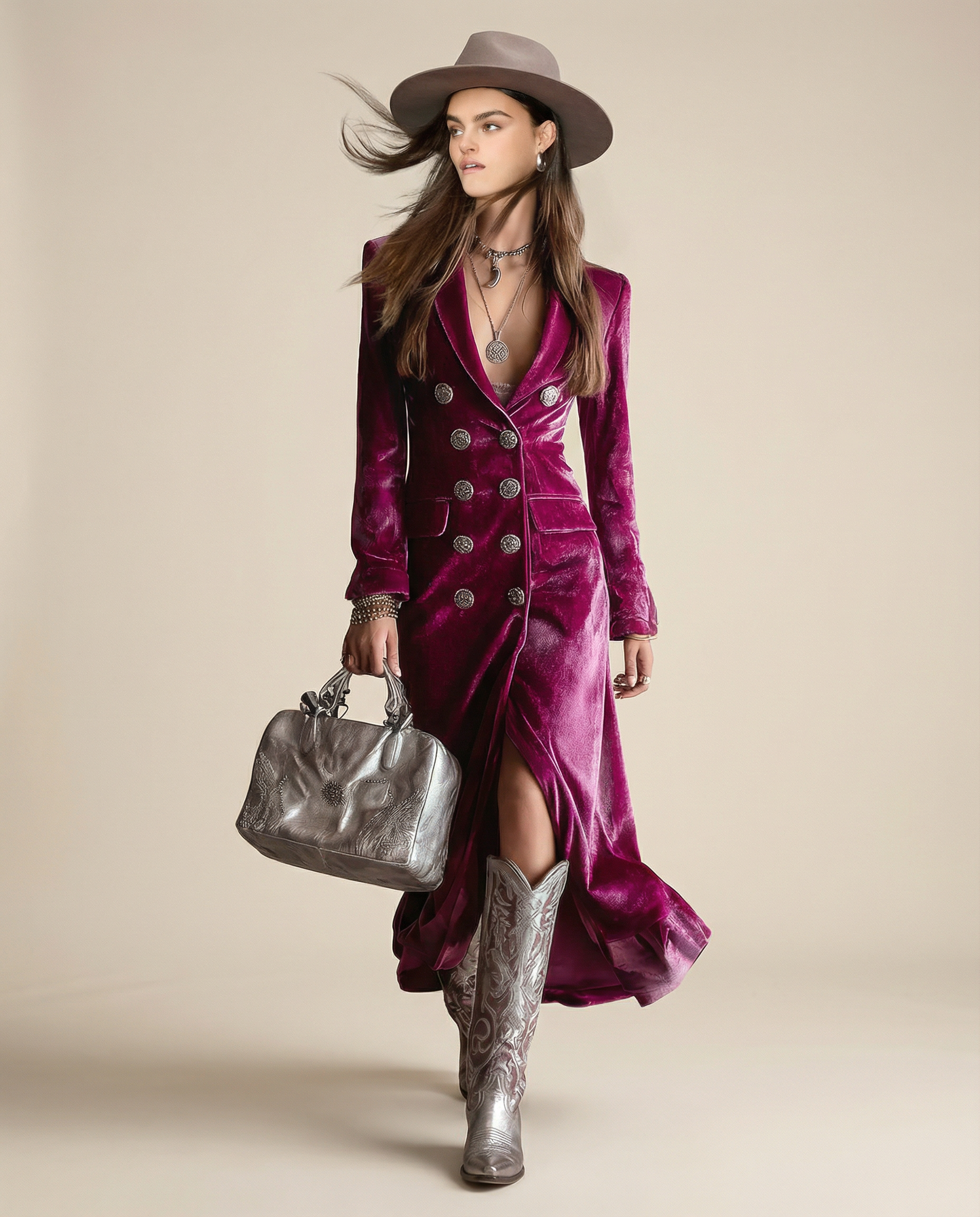 Vera | Elegant Velvet Collared Long-Sleeved Double-Breasted Midi Dress