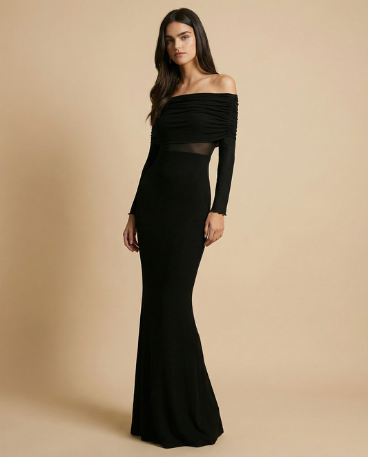 Abriella - Off-Shoulder Overfold Mesh Maxi Dress