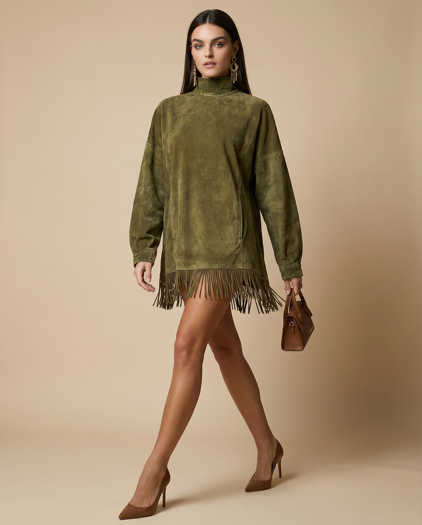 Darcie | Suede Fringe Turtleneck Dress