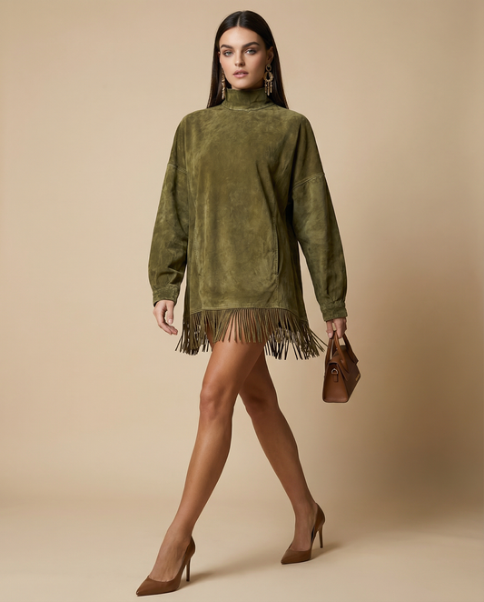 Darcie | Suede Fringe Turtleneck Dress