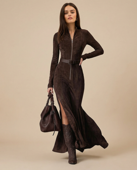Jess | Belted Suede Zip Dress