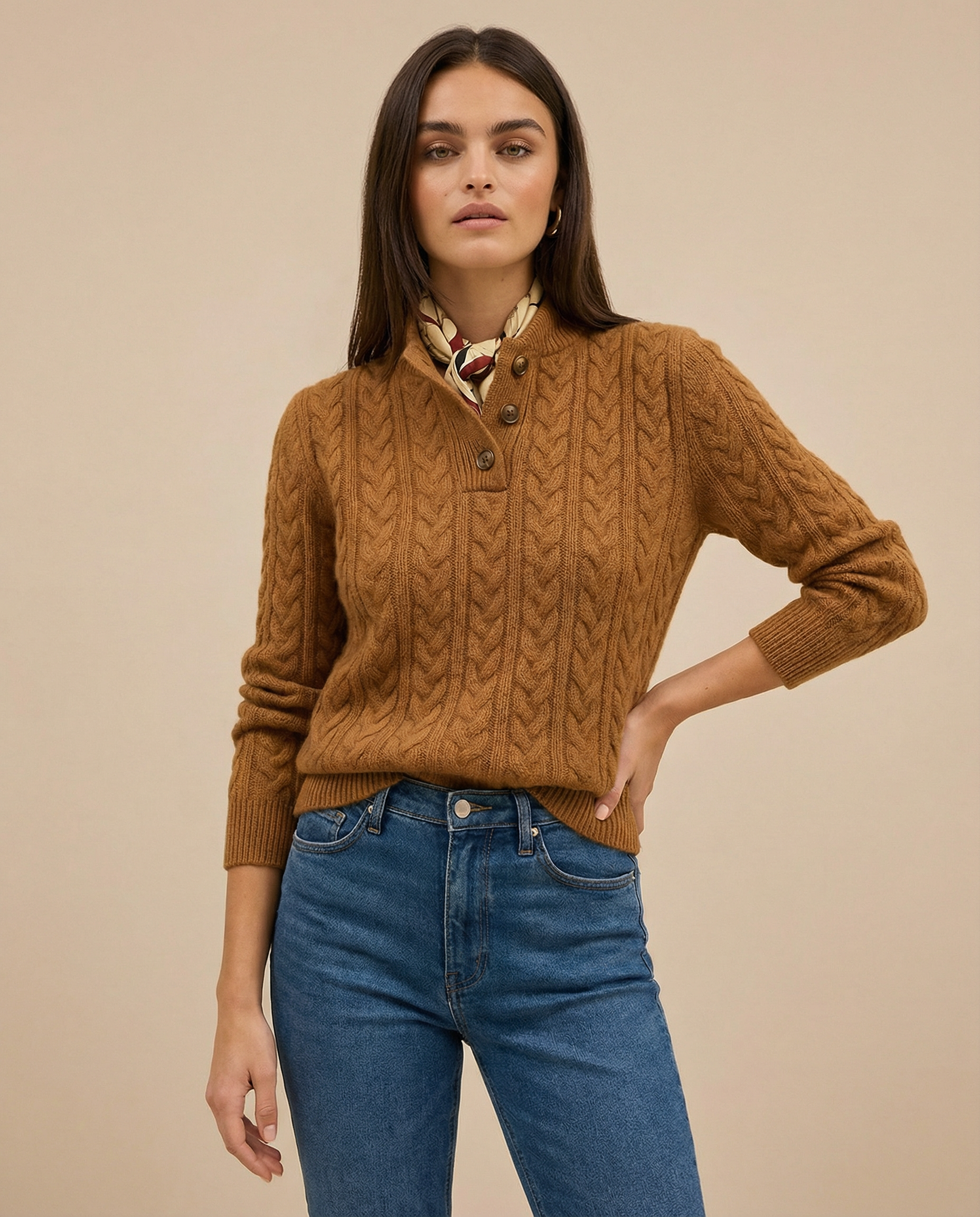 Alina -  Chunky Knit Jumper with Stand Collar and Button | Ideal for Winter