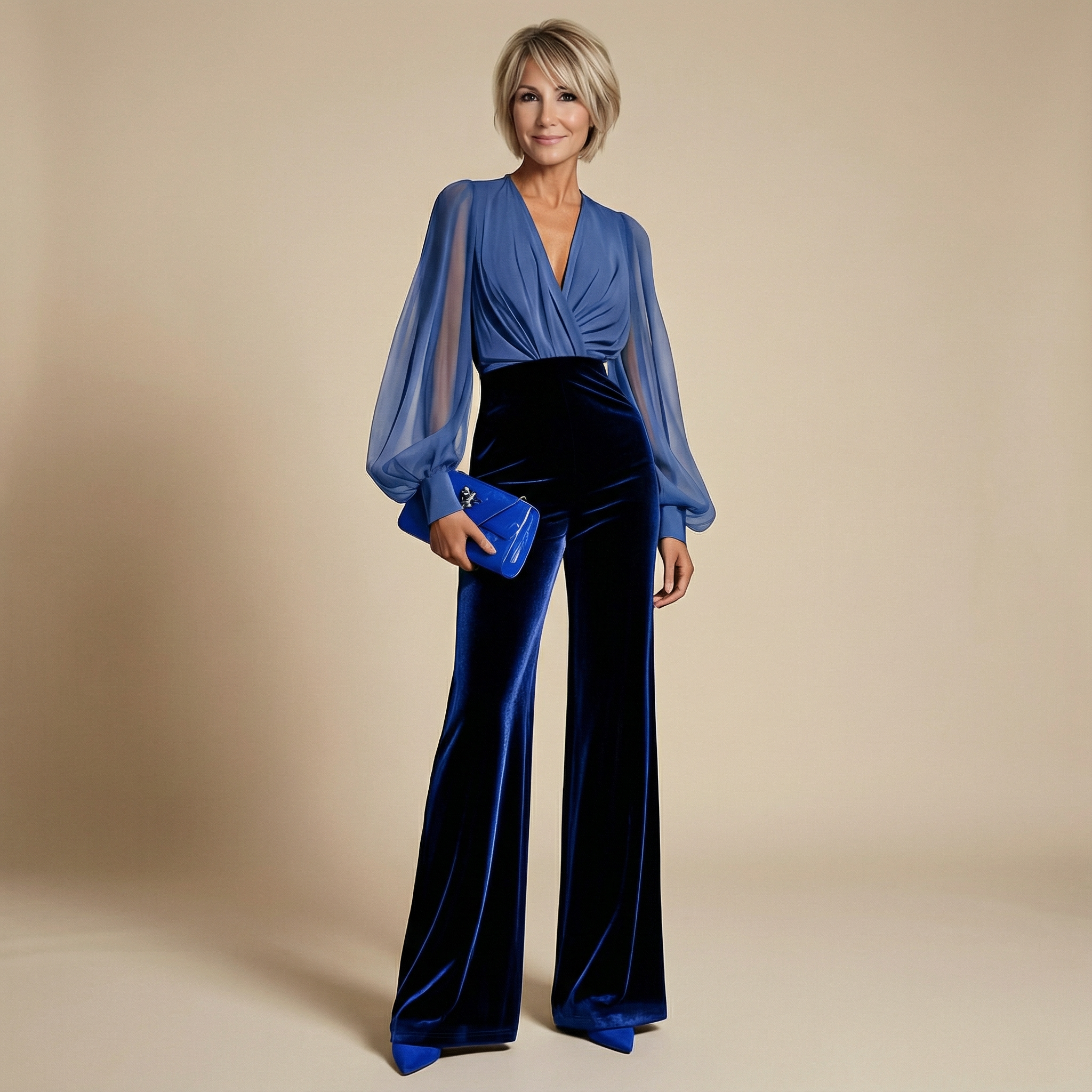 Lauren - Velvet Chiffon-Sleeve Jumpsuit