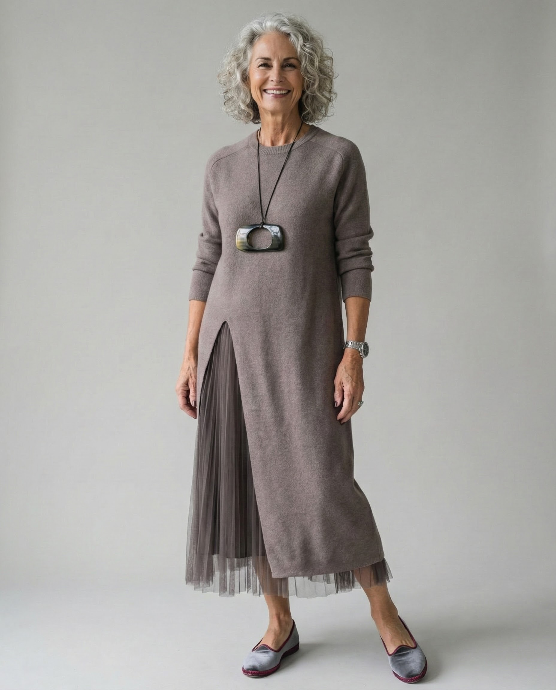 Elaira – Layered Knit & Tulle Midi Dress