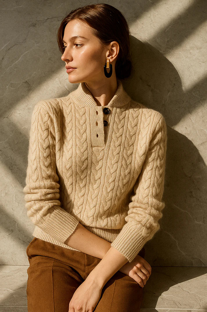 Alina -  Chunky Knit Jumper with Stand Collar and Button | Ideal for Winter