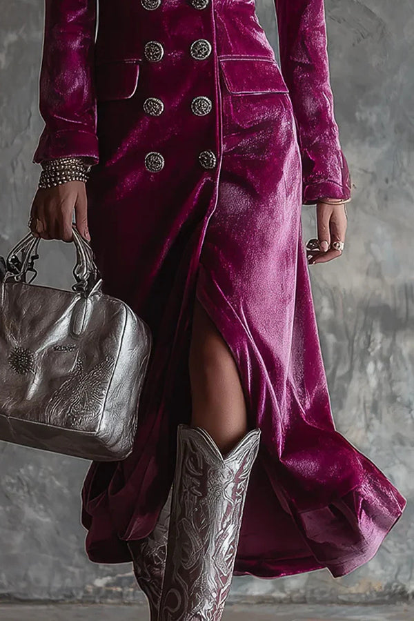 Vera | Elegant Velvet Collared Long-Sleeved Double-Breasted Midi Dress