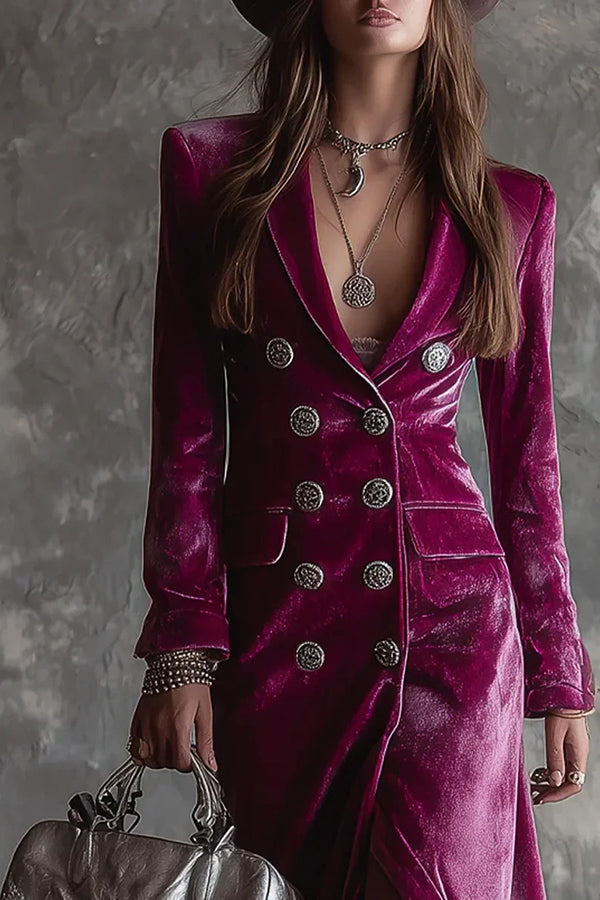 Vera | Elegant Velvet Collared Long-Sleeved Double-Breasted Midi Dress