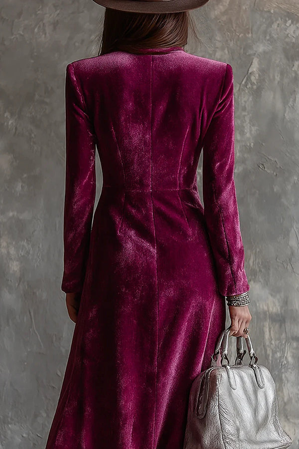 Vera | Elegant Velvet Collared Long-Sleeved Double-Breasted Midi Dress