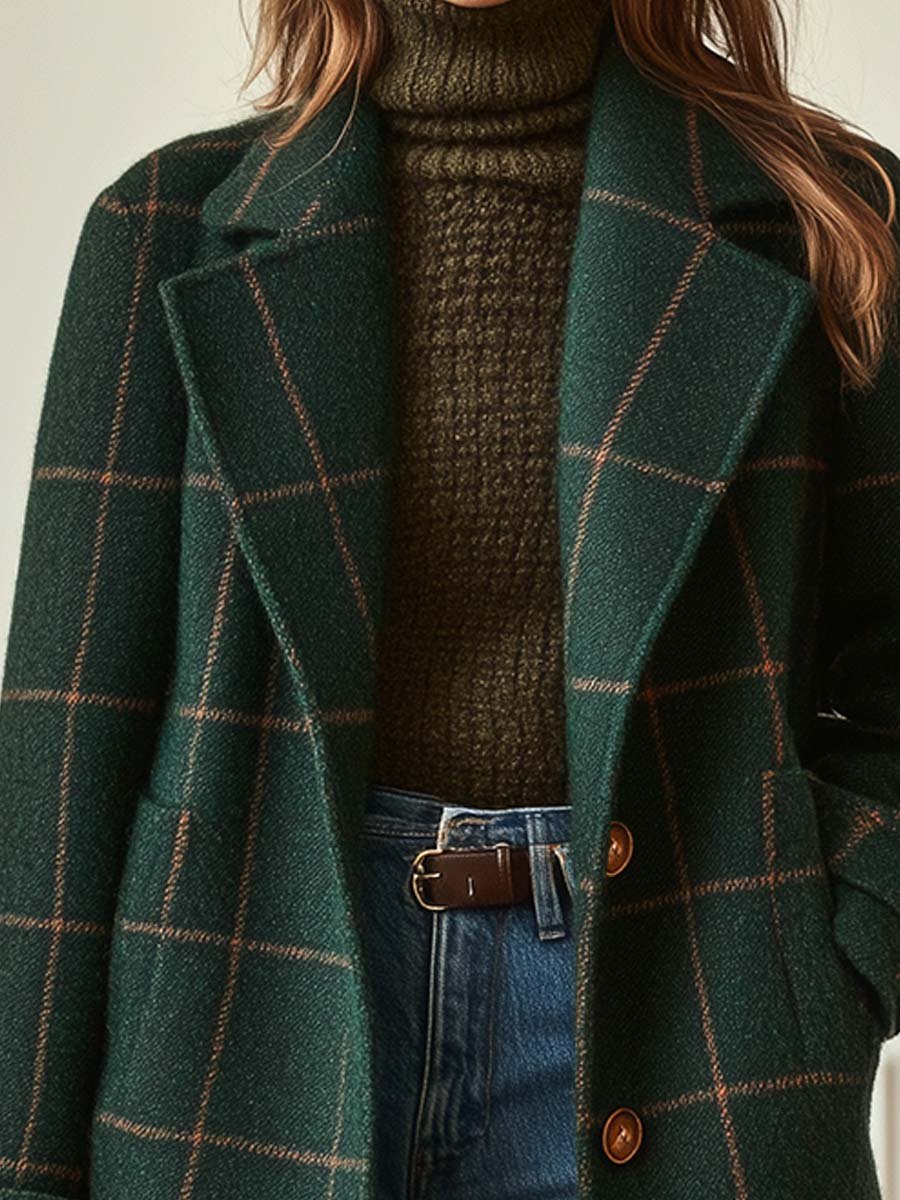 Lynn - Retro Lapel Plaid Tweed Coat