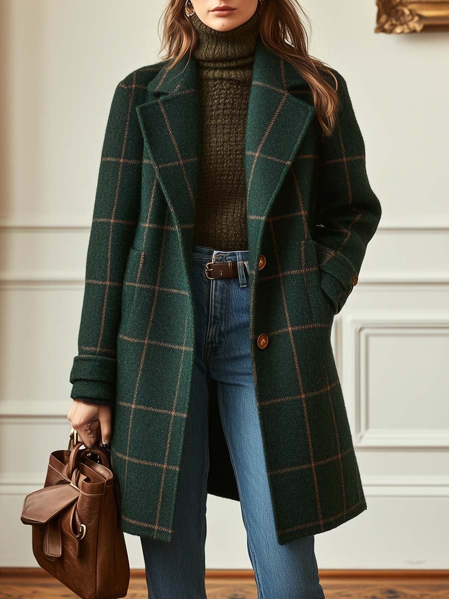 Lynn - Retro Lapel Plaid Tweed Coat