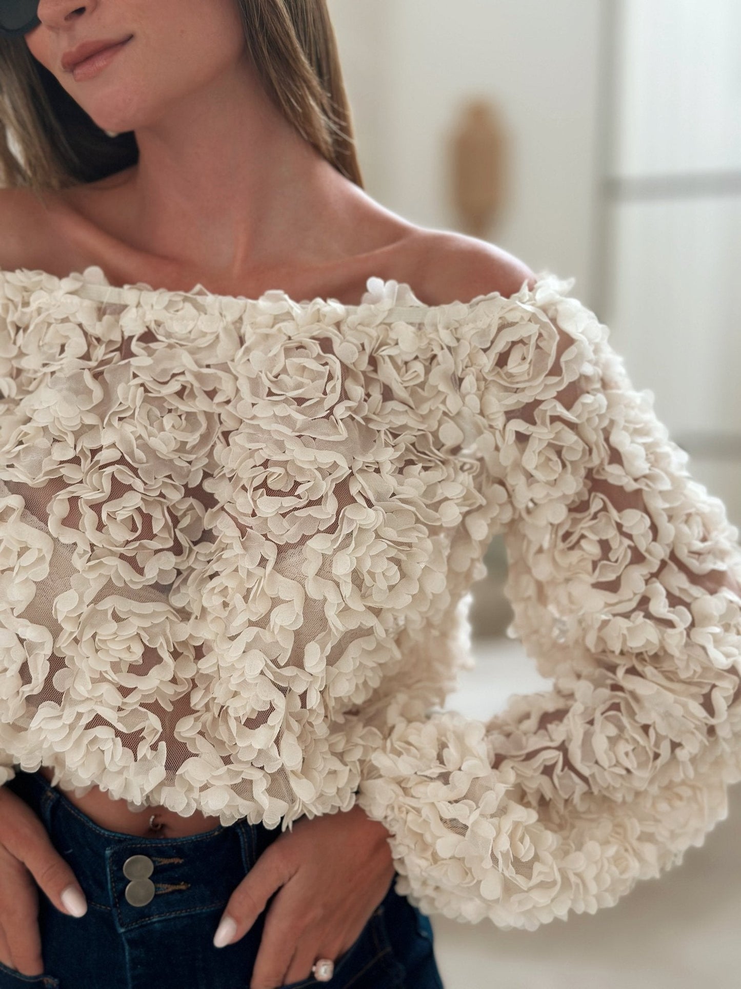 Reanne - Off-Shoulder Rose Textured Top